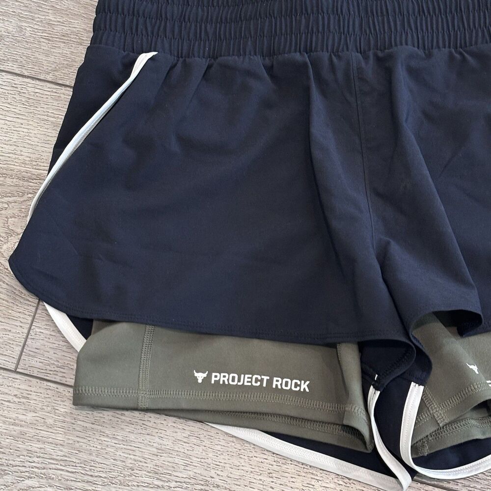 Project Rock Flex Woven Leg Day Shorts Womens Large Black Green Workout 2 In 1 - Picture 2 of 7